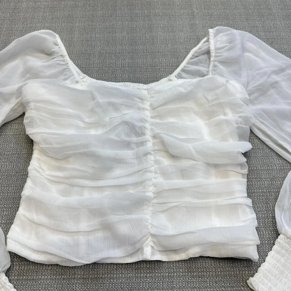 Hollister Top Womens Small Sheer Long Sleeve Ruched Mesh‎ Blouse Smocked NWT - Picture 3 of 9